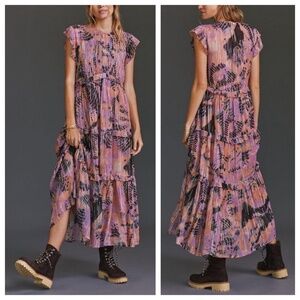 ANTHROPOLOGIE | Verb Metallic Tiered Maxi Dress Boho Cottagecore | S | Pink